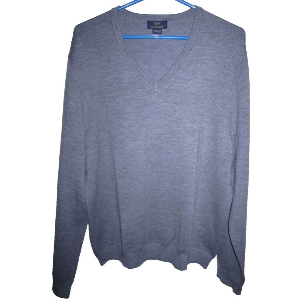 Brooks Brothers 346 extra fine merino wool blue gray v neck sweater, men's sz L